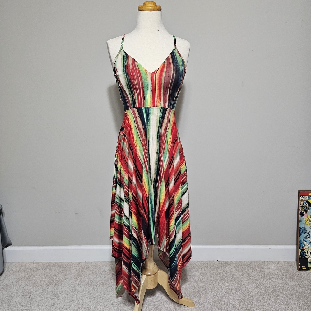 Discreet Multicolor Striped Handkerchief Hem Dress S